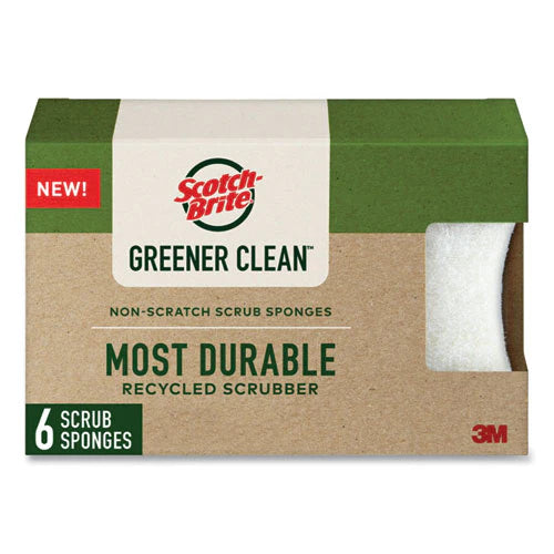 Greener Clean Non-scratch Scrub Sponge, 2.6 X 3.3, 0.7" Thick, White, 6/pack.